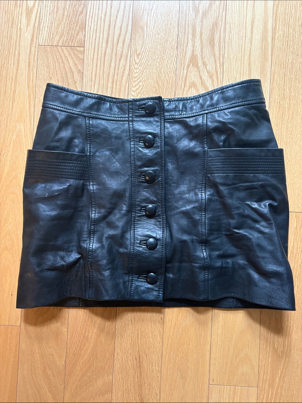 Sezane Black Leather Button-Front Mini Skirt